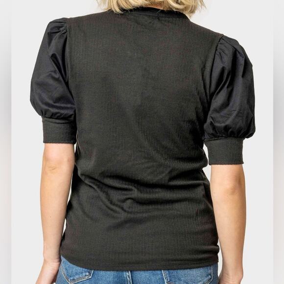 Gibsonlook Mixed Media Henley Top‎ With Puff Sleeves Black Size Small - Picture 2 of 12